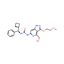 COCCOc1n[nH]c2cc(NC(=O)N[C@@H](c3ccccc3)C3(O)CCC3)nc(CO)c12 ZINC001772647533