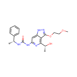 COCCOc1n[nH]c2cc(NC(=O)N[C@H](C)c3ccccc3)nc([C@@H](C)O)c12 ZINC001772599833