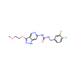 COCCOc1n[nH]c2cc(NC(=O)NCc3ccc(Cl)c(Cl)c3)ncc12 ZINC000209379084