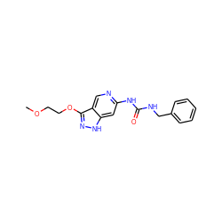 COCCOc1n[nH]c2cc(NC(=O)NCc3ccccc3)ncc12 ZINC001772640027