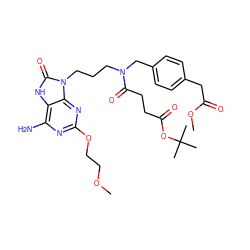 COCCOc1nc(N)c2[nH]c(=O)n(CCCN(Cc3ccc(CC(=O)OC)cc3)C(=O)CCC(=O)OC(C)(C)C)c2n1 ZINC000044305053