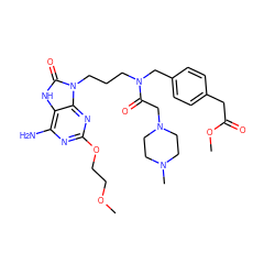 COCCOc1nc(N)c2[nH]c(=O)n(CCCN(Cc3ccc(CC(=O)OC)cc3)C(=O)CN3CCN(C)CC3)c2n1 ZINC000044351919