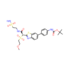 COCCS(=O)(=O)[C@@H](C(=O)NCCS(N)(=O)=O)c1nc2ccc(-c3ccc(NC(=O)OC(C)(C)C)cc3)cc2s1 ZINC000146068519