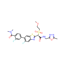 COCCS(=O)(=O)[C@@H](C(=O)NCc1nnc(C)o1)c1nc2cc(F)c(-c3ccc(C(=O)N(C)C)c(F)c3)cc2s1 ZINC000145503005