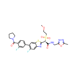 COCCS(=O)(=O)[C@@H](C(=O)NCc1nnc(C)o1)c1nc2cc(F)c(-c3ccc(C(=O)N4CCCC4)c(F)c3)cc2s1 ZINC000143931218