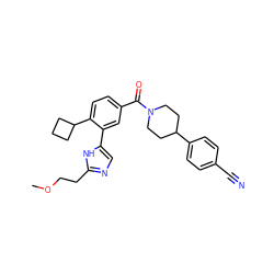 COCCc1ncc(-c2cc(C(=O)N3CCC(c4ccc(C#N)cc4)CC3)ccc2C2CCC2)[nH]1 ZINC000143582199