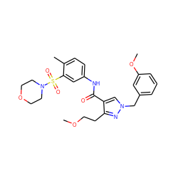 COCCc1nn(Cc2cccc(OC)c2)cc1C(=O)Nc1ccc(C)c(S(=O)(=O)N2CCOCC2)c1 ZINC000169343951