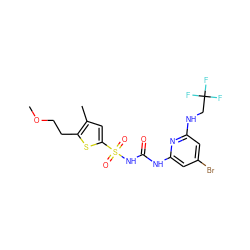 COCCc1sc(S(=O)(=O)NC(=O)Nc2cc(Br)cc(NCC(F)(F)F)n2)cc1C ZINC000071331313