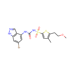 COCCc1sc(S(=O)(=O)NC(=O)Nc2cc(Br)cc3[nH]ncc23)cc1C ZINC000071341088