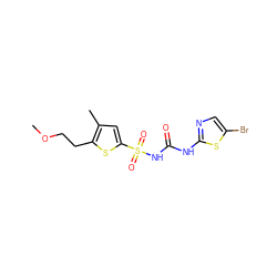 COCCc1sc(S(=O)(=O)NC(=O)Nc2ncc(Br)s2)cc1C ZINC000045336014