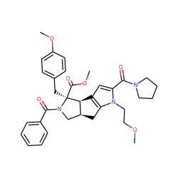 COCCn1c(C(=O)N2CCCC2)cc2c1C[C@H]1CN(C(=O)c3ccccc3)[C@@](Cc3ccc(OC)cc3)(C(=O)OC)[C@@H]21 ZINC000064645887