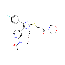 COCCn1c(SCCC(=O)N2CCOCC2)nc(-c2ccc(F)cc2)c1-c1ccnc(NC(C)=O)c1 ZINC000013586245