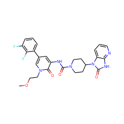 COCCn1cc(-c2cccc(F)c2F)cc(NC(=O)N2CCC(n3c(=O)[nH]c4ncccc43)CC2)c1=O ZINC000029129023