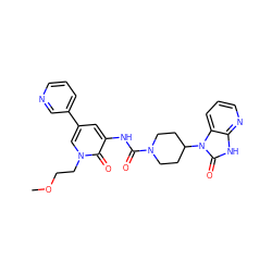 COCCn1cc(-c2cccnc2)cc(NC(=O)N2CCC(n3c(=O)[nH]c4ncccc43)CC2)c1=O ZINC000029129112