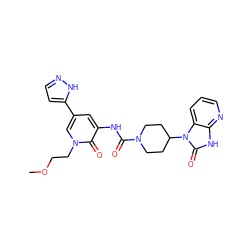 COCCn1cc(-c2ccn[nH]2)cc(NC(=O)N2CCC(n3c(=O)[nH]c4ncccc43)CC2)c1=O ZINC000029129111