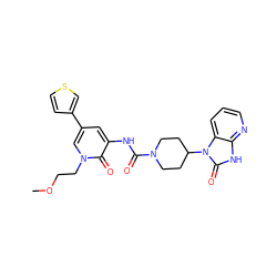 COCCn1cc(-c2ccsc2)cc(NC(=O)N2CCC(n3c(=O)[nH]c4ncccc43)CC2)c1=O ZINC000029128357