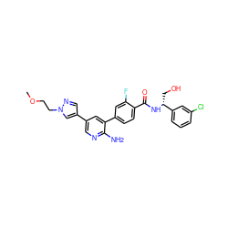 COCCn1cc(-c2cnc(N)c(-c3ccc(C(=O)N[C@H](CO)c4cccc(Cl)c4)c(F)c3)c2)cn1 ZINC001772613604