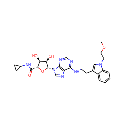 COCCn1cc(CCNc2ncnc3c2ncn3[C@@H]2O[C@H](C(=O)NC3CC3)[C@@H](O)[C@H]2O)c2ccccc21 ZINC000012405741