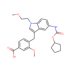 COCCn1cc(Cc2ccc(C(=O)O)cc2OC)c2cc(NC(=O)OC3CCCC3)ccc21 ZINC000029478664