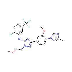 COCCn1nc(-c2ccc(-n3cnc(C)c3)c(OC)c2)nc1Nc1cc(C(F)(F)F)ccc1F ZINC000141310394