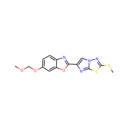 COCOc1ccc2nc(-c3cn4nc(SC)sc4n3)oc2c1 ZINC000653764982