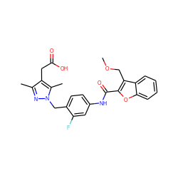 COCc1c(C(=O)Nc2ccc(Cn3nc(C)c(CC(=O)O)c3C)c(F)c2)oc2ccccc12 ZINC000169703206