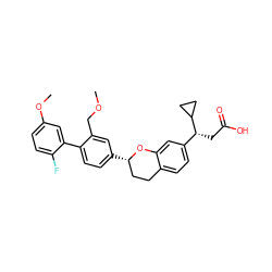 COCc1cc([C@H]2CCc3ccc([C@@H](CC(=O)O)C4CC4)cc3O2)ccc1-c1cc(OC)ccc1F ZINC001772635916