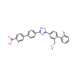 COCc1cc(-c2nc(-c3ccc(-c4ccc(C(=O)O)c(F)c4)cc3)no2)ccc1-c1ccccc1C ZINC001772640634