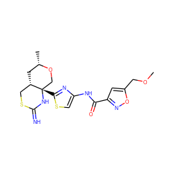 COCc1cc(C(=O)Nc2csc([C@]34CO[C@@H](C)C[C@H]3CSC(=N)N4)n2)no1 ZINC001772602048