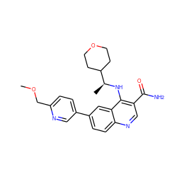 COCc1ccc(-c2ccc3ncc(C(N)=O)c(N[C@@H](C)C4CCOCC4)c3c2)cn1 ZINC001772502159