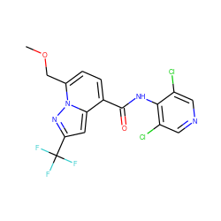 COCc1ccc(C(=O)Nc2c(Cl)cncc2Cl)c2cc(C(F)(F)F)nn12 ZINC000096933203