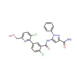 COCc1ccc(Cl)c(-c2ccc(Cl)c(C(=O)Nc3cc(C(N)=O)nn3-c3ccccc3)c2)n1 ZINC001772616428