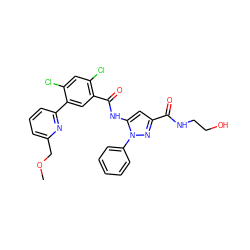 COCc1cccc(-c2cc(C(=O)Nc3cc(C(=O)NCCO)nn3-c3ccccc3)c(Cl)cc2Cl)n1 ZINC001772589721