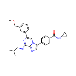 COCc1cccc(-c2cn3c(-c4ccc(C(=O)NC5CC5)cc4)cnc3c(NCC(C)C)n2)c1 ZINC000169214280