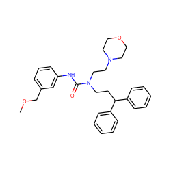 COCc1cccc(NC(=O)N(CCC(c2ccccc2)c2ccccc2)CCN2CCOCC2)c1 ZINC000095604217