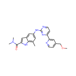 COCc1ccnc(-c2ccnc(Nc3cc(C)c4[nH]c(C(=O)N(C)C)cc4c3)n2)c1 ZINC000144238902