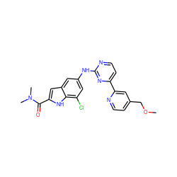 COCc1ccnc(-c2ccnc(Nc3cc(Cl)c4[nH]c(C(=O)N(C)C)cc4c3)n2)c1 ZINC000144259835