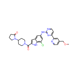 COCc1ccnc(-c2ccnc(Nc3cc(Cl)c4[nH]c(C(=O)N5CCC(N6CCCC6=O)CC5)cc4c3)n2)c1 ZINC000144300649