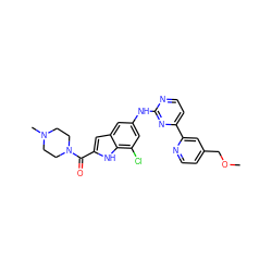 COCc1ccnc(-c2ccnc(Nc3cc(Cl)c4[nH]c(C(=O)N5CCN(C)CC5)cc4c3)n2)c1 ZINC000144243282