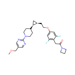 COCc1cnc(N2CCC([C@H]3C[C@H]3CCOc3cc(F)c(CC(=O)N4CCC4)c(F)c3)CC2)nc1 ZINC000147913202