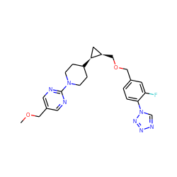 COCc1cnc(N2CCC([C@H]3C[C@H]3COCc3ccc(-n4cnnn4)c(F)c3)CC2)nc1 ZINC000144746163