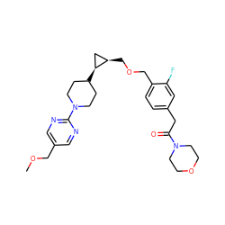 COCc1cnc(N2CCC([C@H]3C[C@H]3COCc3ccc(CC(=O)N4CCOCC4)cc3F)CC2)nc1 ZINC000144520769