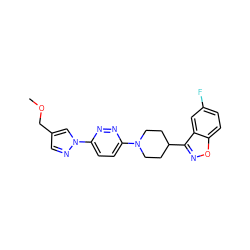 COCc1cnn(-c2ccc(N3CCC(c4noc5ccc(F)cc45)CC3)nn2)c1 ZINC000218775688