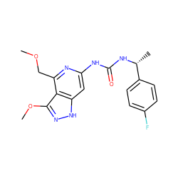 COCc1nc(NC(=O)N[C@H](C)c2ccc(F)cc2)cc2[nH]nc(OC)c12 ZINC001772647349