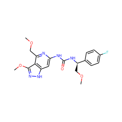 COCc1nc(NC(=O)N[C@H](COC)c2ccc(F)cc2)cc2[nH]nc(OC)c12 ZINC001772611869