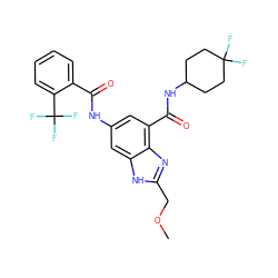 COCc1nc2c(C(=O)NC3CCC(F)(F)CC3)cc(NC(=O)c3ccccc3C(F)(F)F)cc2[nH]1 ZINC000205655210