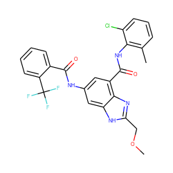 COCc1nc2c(C(=O)Nc3c(C)cccc3Cl)cc(NC(=O)c3ccccc3C(F)(F)F)cc2[nH]1 ZINC000218686405