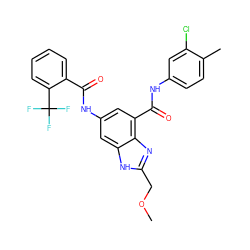 COCc1nc2c(C(=O)Nc3ccc(C)c(Cl)c3)cc(NC(=O)c3ccccc3C(F)(F)F)cc2[nH]1 ZINC000218682824