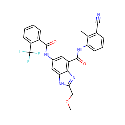 COCc1nc2c(C(=O)Nc3cccc(C#N)c3C)cc(NC(=O)c3ccccc3C(F)(F)F)cc2[nH]1 ZINC000205655820