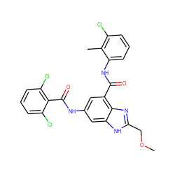 COCc1nc2c(C(=O)Nc3cccc(Cl)c3C)cc(NC(=O)c3c(Cl)cccc3Cl)cc2[nH]1 ZINC000205655356